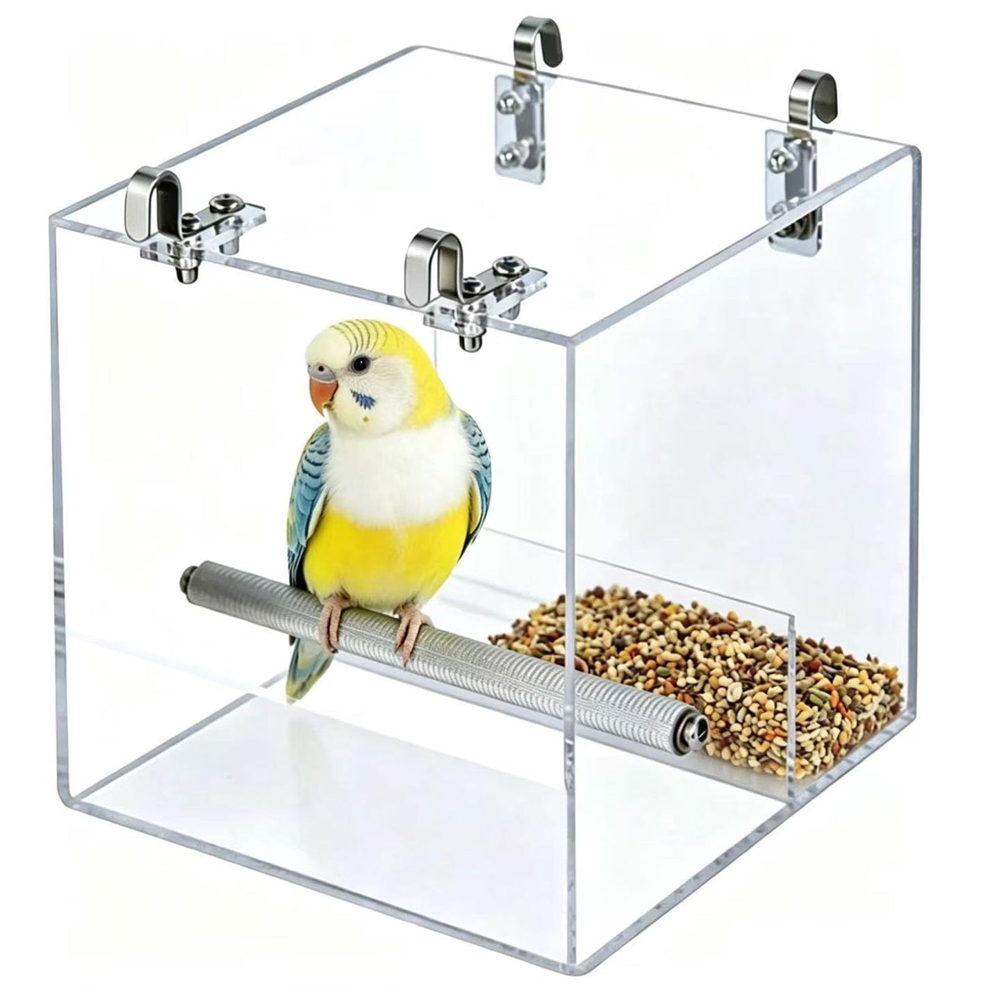 No Mess Bird Feeder for Cage, Automatic Acrylic Bird Feeder Seed Catcher Tray Cage with Stainless Steel Hooks for Small Parrots Canary Parakeet Budgerigar Crested Cockatiel Lovebird (Small)