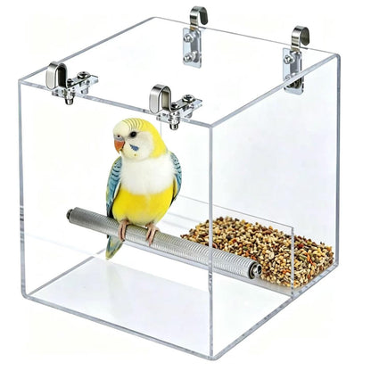 No Mess Bird Feeder for Cage, Automatic Acrylic Bird Feeder Seed Catcher Tray Cage with Stainless Steel Hooks for Small Parrots Canary Parakeet Budgerigar Crested Cockatiel Lovebird (Small)
