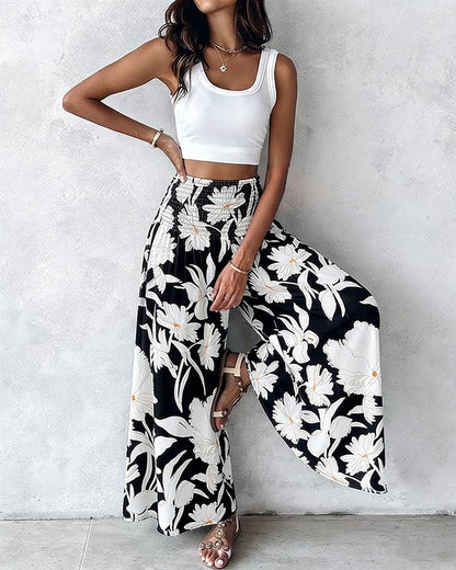 CHICME Boho Floral Shirred High Waisted Wide Leg Pants Flowy Palazzo Pants Summer Beach Vacation Wear