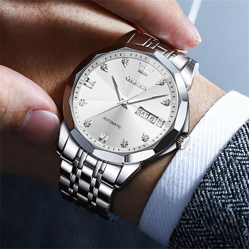 OLEVS Skeleton Men Watches Automatic Business Luxury Diamond Self Winding Watch for Men Stainless Steel Calendar Wrist Watch