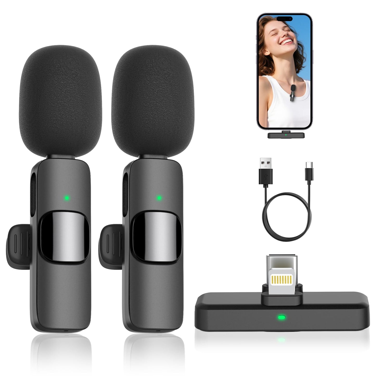 MAYBESTA Wireless Mini Microphone for iPhone, Android Phone - 2 Pack Lavalier Lapel Mic for Audio Video Recording - Clip on Content Creator Microphones for YouTube Tiktok Podcast Vlogging