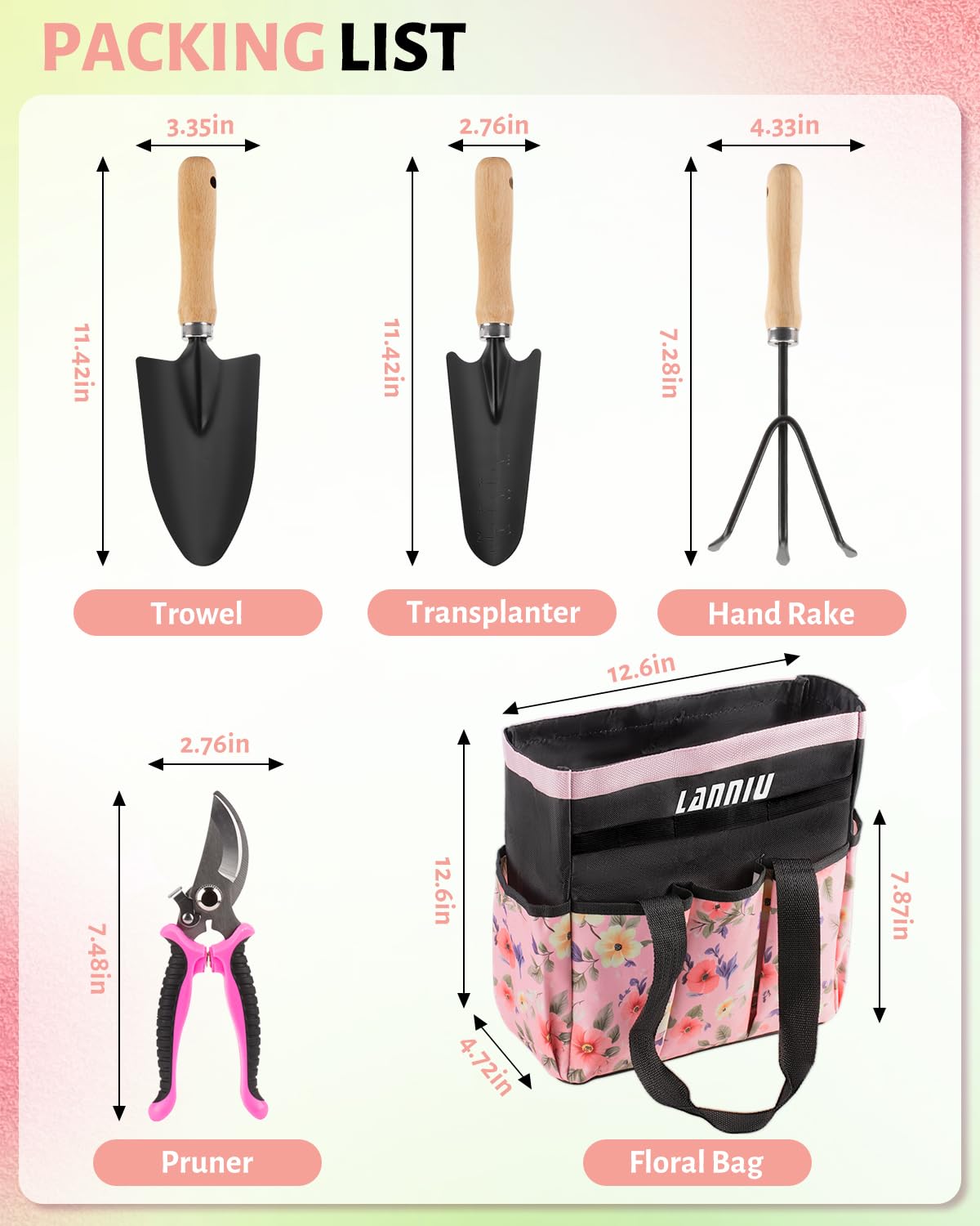 9 Piece Garden Tool Set | Heavy Duty Stainless Steel, Ergonomic Non-Slip Rubber Handles, Pruning Shears, Trowel, 600D Storage Tote Bag