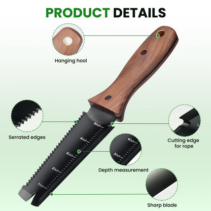 PERWIN Hori Hori Garden Knife, Garden Tools with Sheath for Weeding, Planting, Digging, 7" Stainless Steel Blade with Cutting Edge, Full-Tang Wood Handle with Hanging Hole