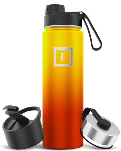IRON °FLASK Camping & Hiking Hydration Flask with Straw, Wide Mouth Insulated Stainless Steel Sports Water Bottle - Midnight Black 24 oz - Straw (1 Lid)
