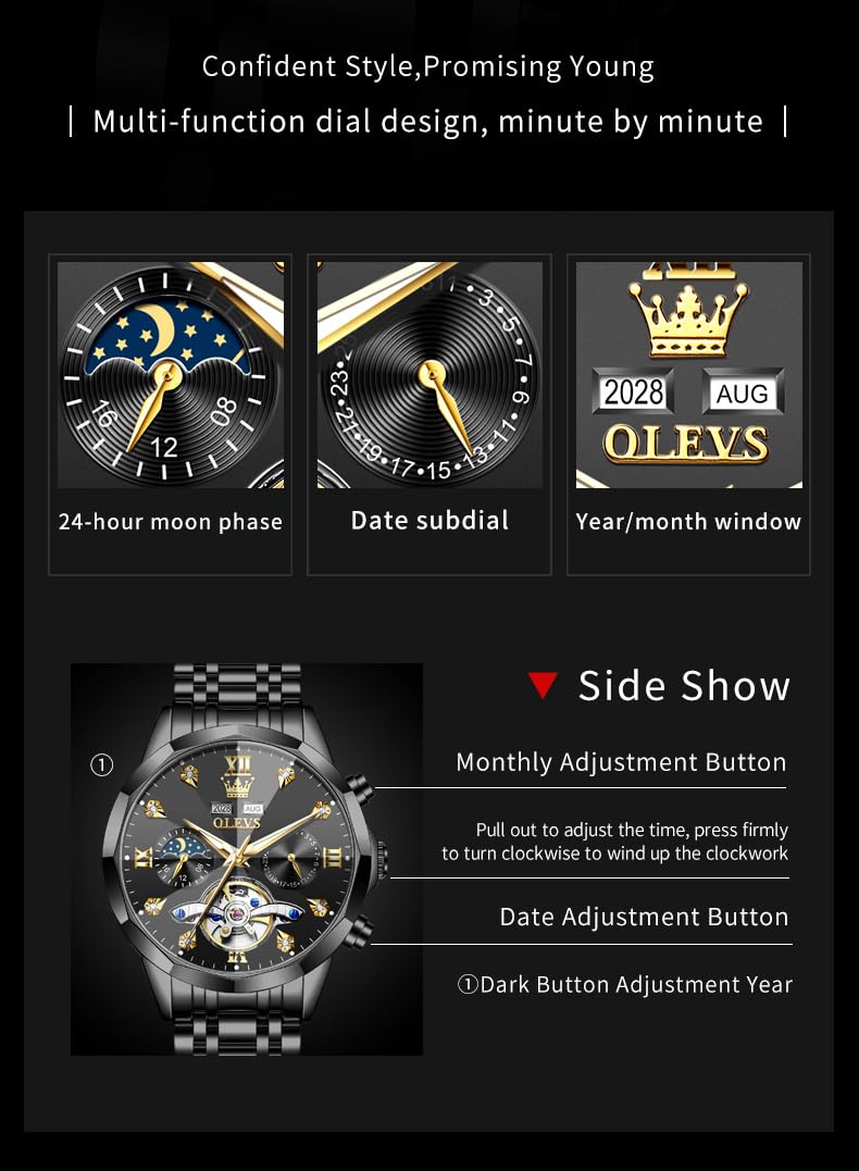 OLEVS Skeleton Men Watches Automatic Business Luxury Diamond Self Winding Watch for Men Stainless Steel Calendar Wrist Watch