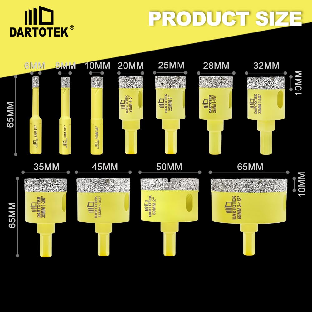 Diamond Core Drill Bits Set for Tile, DARTOTEK 10PCS Porcelain Hole Saw Kit with Aluminum Case, (6/6/8/20/35/50/65mm+2" Chamfer bit +SDS Adapter, Dry/Wet Drilling for Ceramic, Granite & Marble
