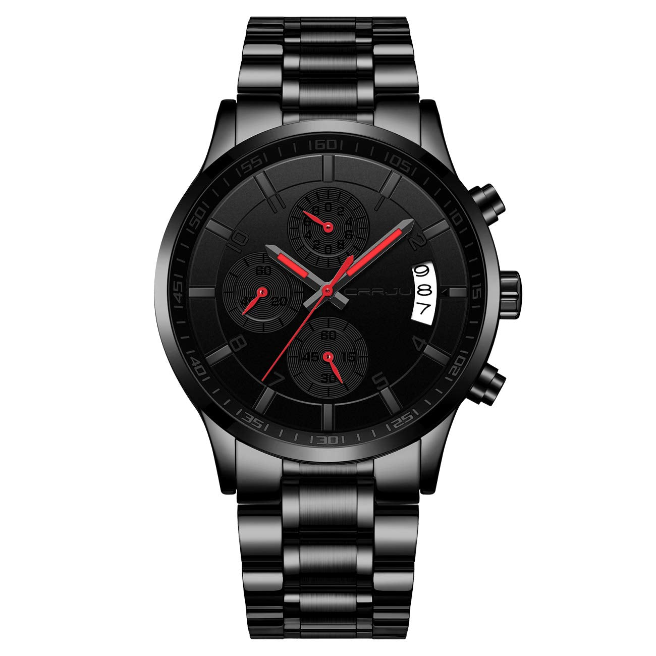 CRRJU Men's Fashion Stainless Steel Watches Date Waterproof Chronograph Wristwatches,Black Steel Band Waterproof Quartz Watch for Men