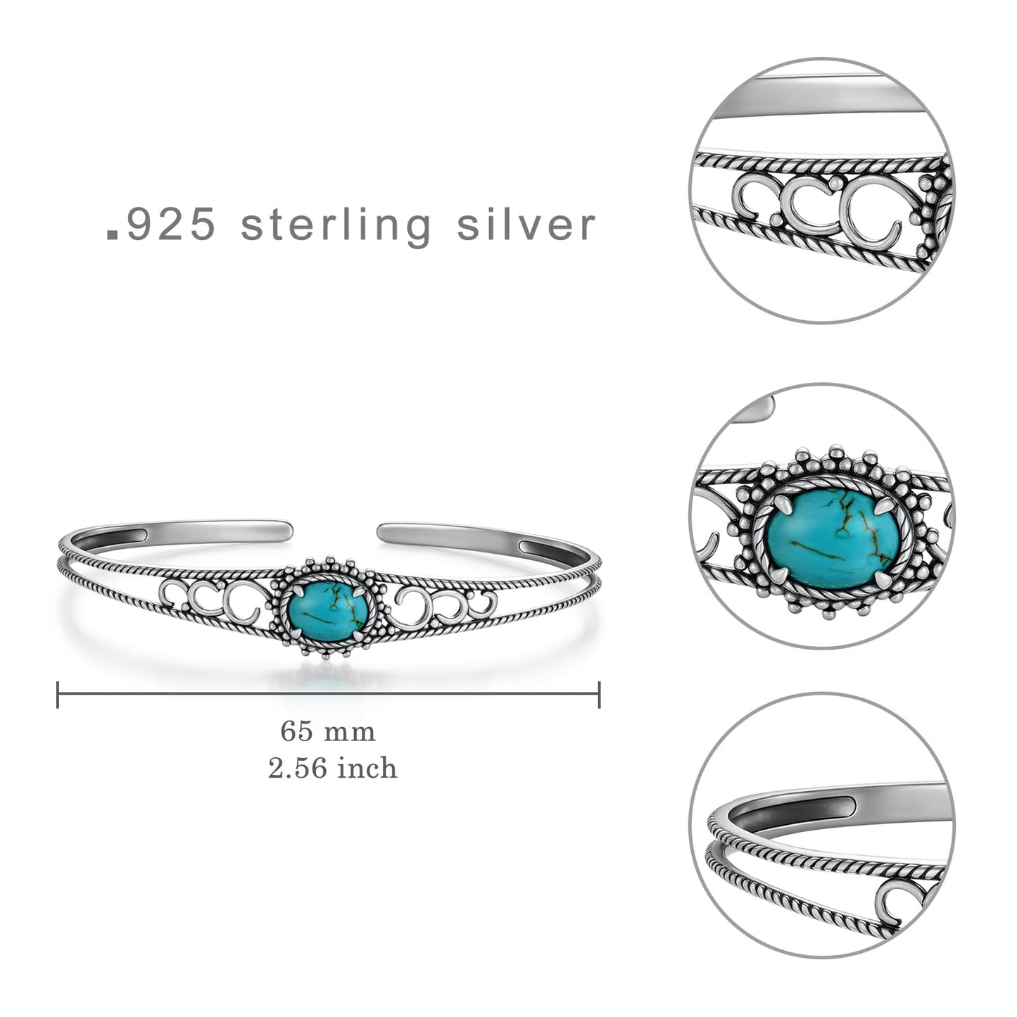 Genuine Turquoise Bracelet for Women 925 Sterling Silver Real Turquoise Cuff Bracelet Vintage Western Jewelry for Women