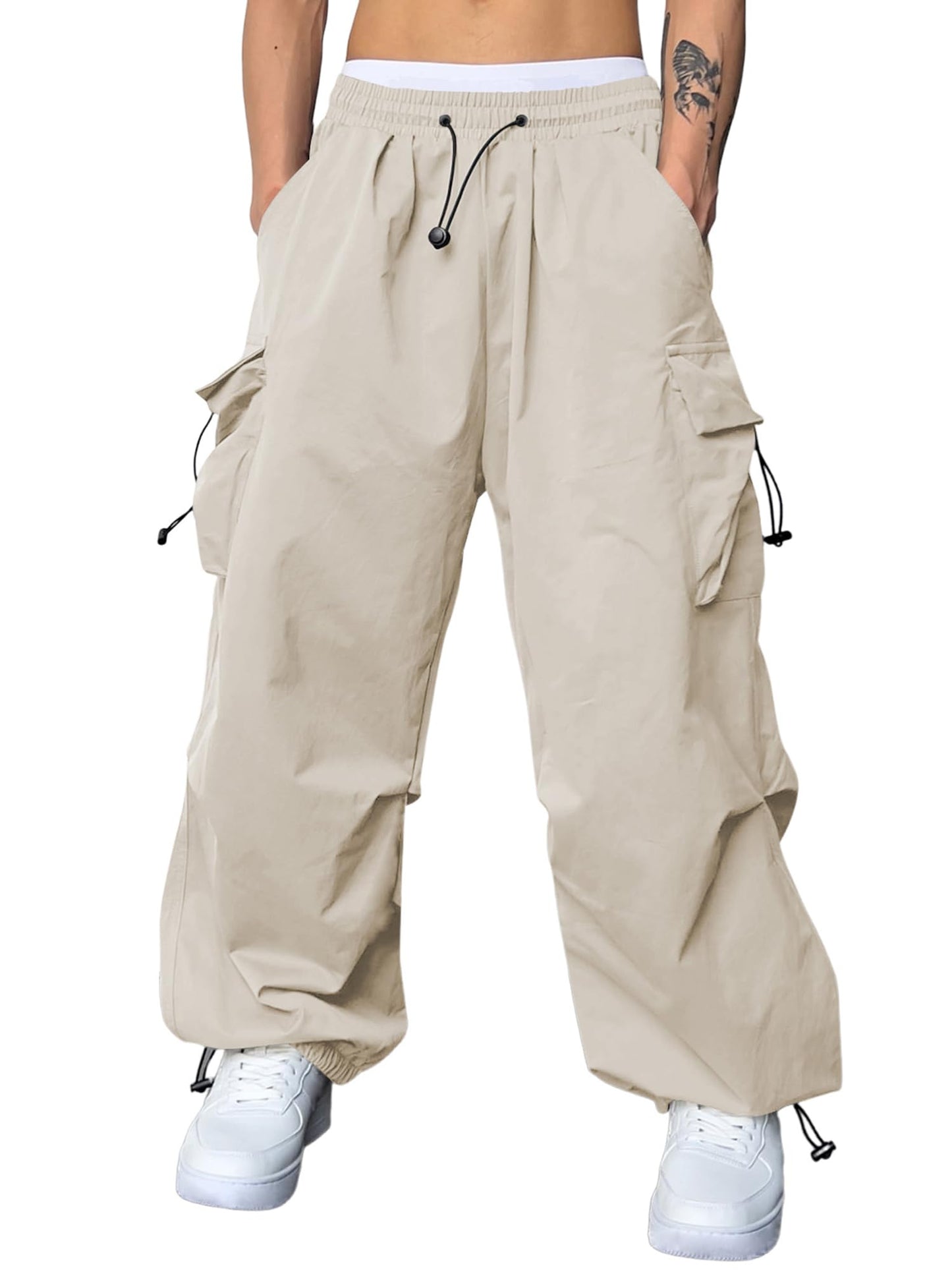 JMIERR Mens Loose Fit Drawstring Y2K Baggy Parachute Cargo Pants | Harem Joggers, Utility Flap, Deep Side Pockets, Elastic Waistband, Adjustable Hem, Streetwear, Casual Wear, Outdoor Hiking