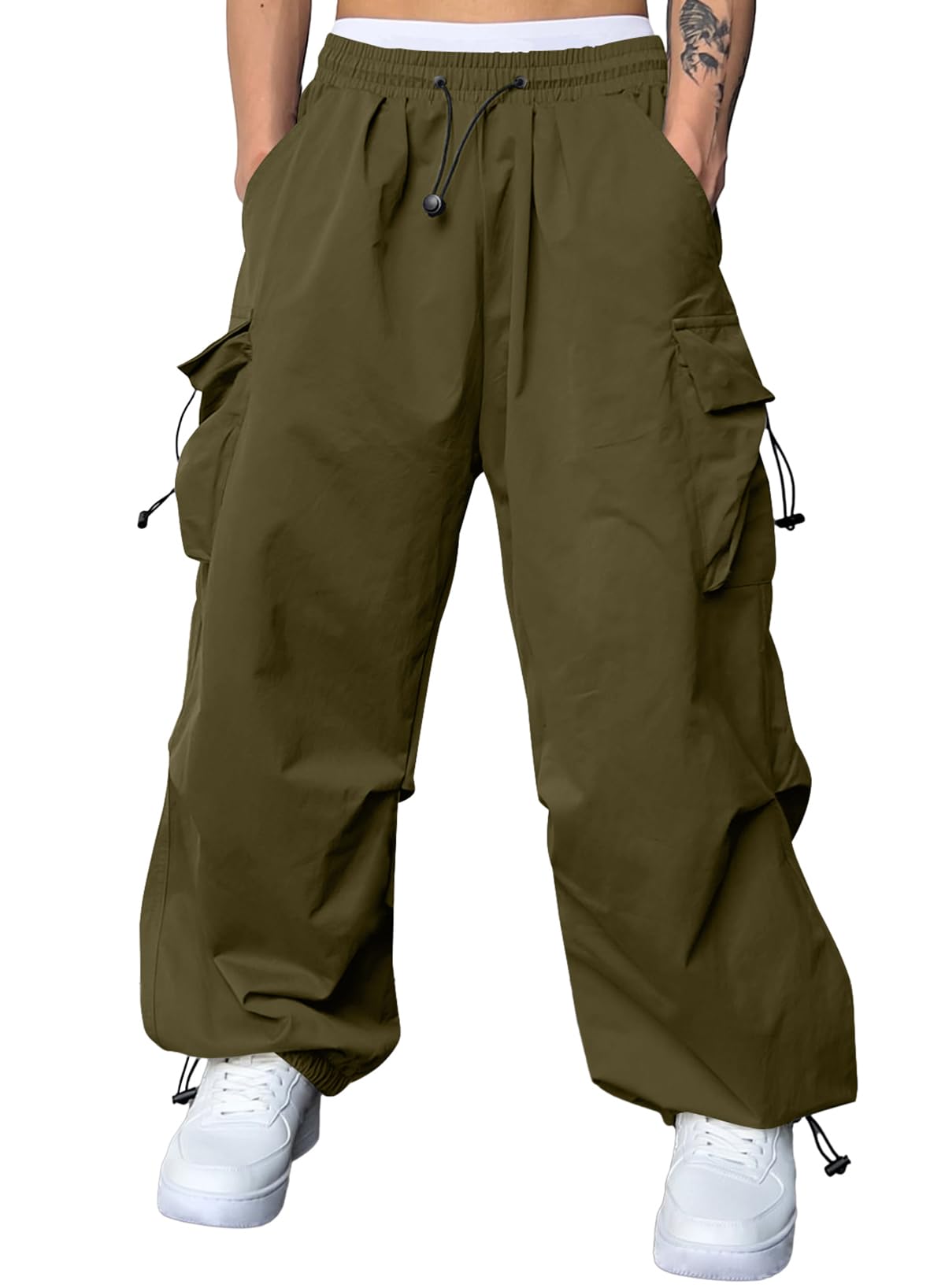 JMIERR Mens Loose Fit Drawstring Y2K Baggy Parachute Cargo Pants | Harem Joggers, Utility Flap, Deep Side Pockets, Elastic Waistband, Adjustable Hem, Streetwear, Casual Wear, Outdoor Hiking