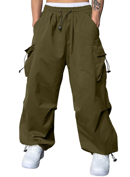 JMIERR Mens Loose Fit Drawstring Y2K Baggy Parachute Cargo Pants | Harem Joggers, Utility Flap, Deep Side Pockets, Elastic Waistband, Adjustable Hem, Streetwear, Casual Wear, Outdoor Hiking