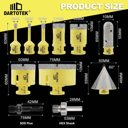 Diamond Core Drill Bits Set for Tile, DARTOTEK 10PCS Porcelain Hole Saw Kit with Aluminum Case, (6/6/8/20/35/50/65mm+2" Chamfer bit +SDS Adapter, Dry/Wet Drilling for Ceramic, Granite & Marble