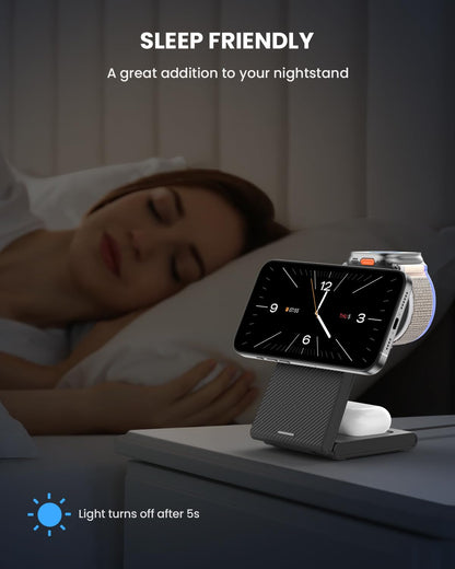 JoyGeek 3 in 1 Charging Station for Apple Devices, Wireless Charger Stand for iPhone 17/16/15/14/13/12/11/SE/X Pro Max Plus - Apple Watch 11/10/9/Ultra 2/8/SE/7/6/5 - AirPods Pro 2/3/2