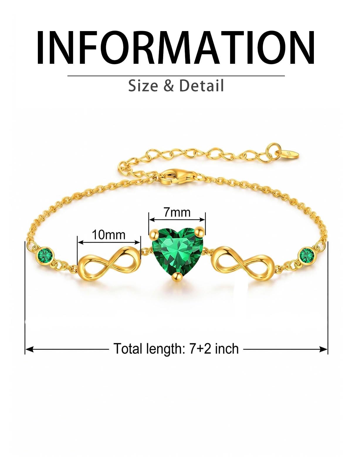 14K Gold Infinity Birthstone Bracelets for Women, Infinity Love Heart Birthstone Link Bracelets for Women, 14K Gold Plated Jewelry Birthday Gifts for Wife Girlfriend Mom, 7+2 Inch