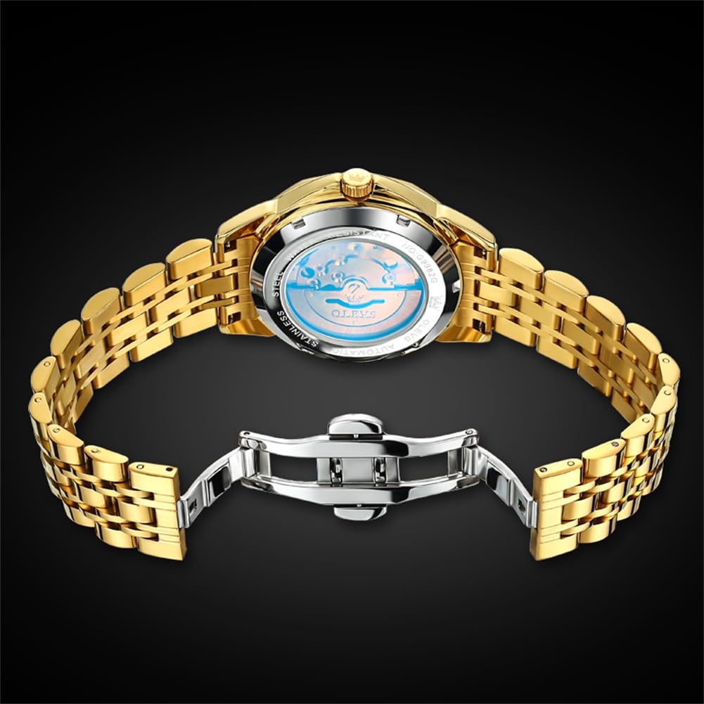 OLEVS Skeleton Men Watches Automatic Business Luxury Diamond Self Winding Watch for Men Stainless Steel Calendar Wrist Watch