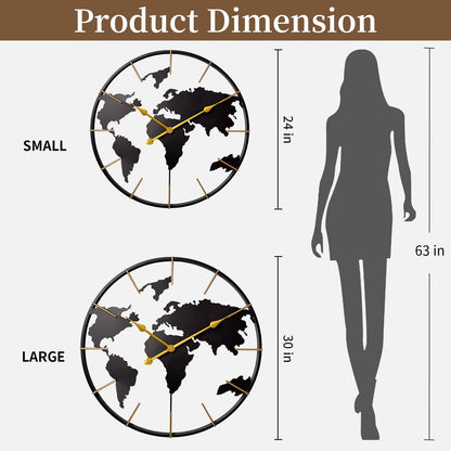 Large World Map Wall Clock, Metal Minimalist Modern Clock,Round Silent Non-Ticking Battery Operated Wall Clocks for Living Room/Home/Kitchen/Bedroom/Office/Farmhouse Decor (24 Inch)