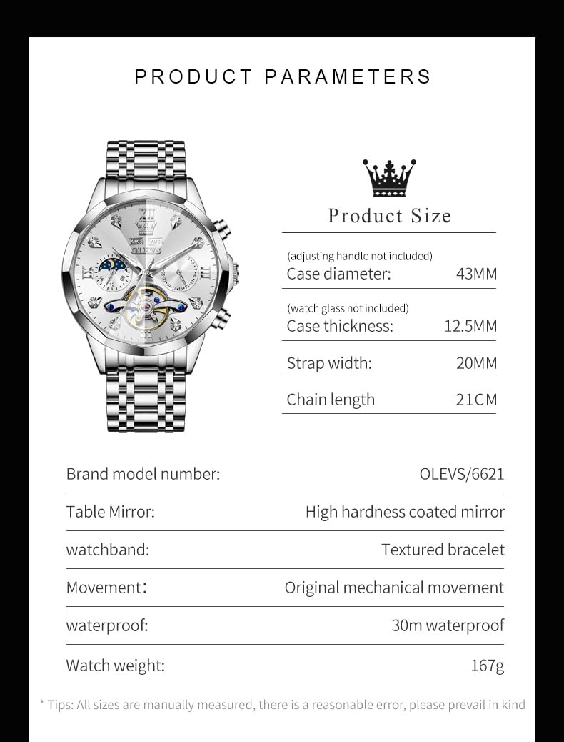 OLEVS Skeleton Men Watches Automatic Business Luxury Diamond Self Winding Watch for Men Stainless Steel Calendar Wrist Watch