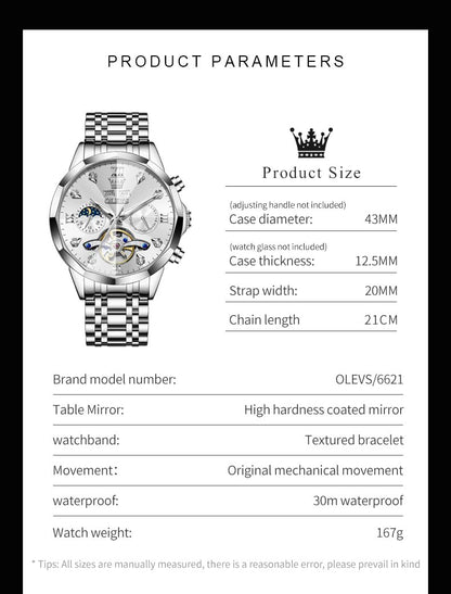 OLEVS Skeleton Men Watches Automatic Business Luxury Diamond Self Winding Watch for Men Stainless Steel Calendar Wrist Watch
