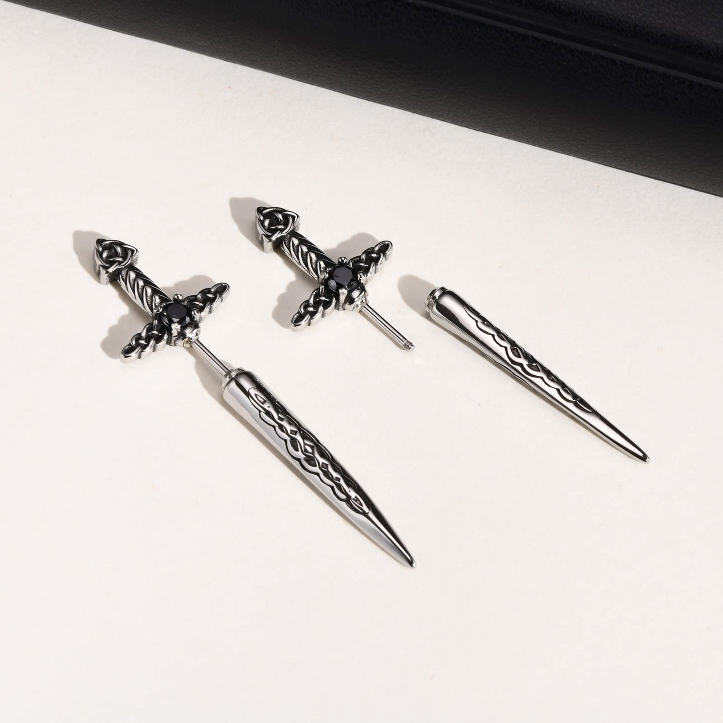 Hisatan Sword Earrings for Men Women, Stainless Steel Gothic Dagger Celtic Knot Irish Studs Earrings, Cool Punk Hip Pop Cubic Zirconia Dangle Goth Screw Spike Earring Jewelry