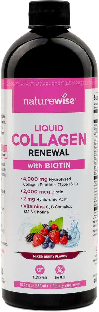 NatureWise Hydrolyzed Liquid Collagen for Women & Men 4000mg - High Absorption, Type 1 & 3 Peptides with Biotin + Vitamin C + Vitamin B Complex & Hyaluronic Acid -Mixed Berry - 10 Tubes[10 Day Supply]