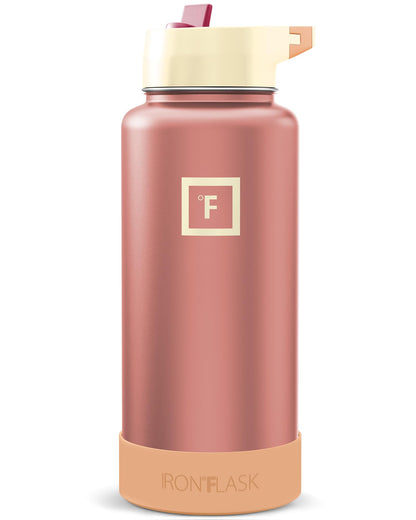 IRON °FLASK Camping & Hiking Hydration Flask with Straw, Wide Mouth Insulated Stainless Steel Sports Water Bottle - Midnight Black 24 oz - Straw (1 Lid)