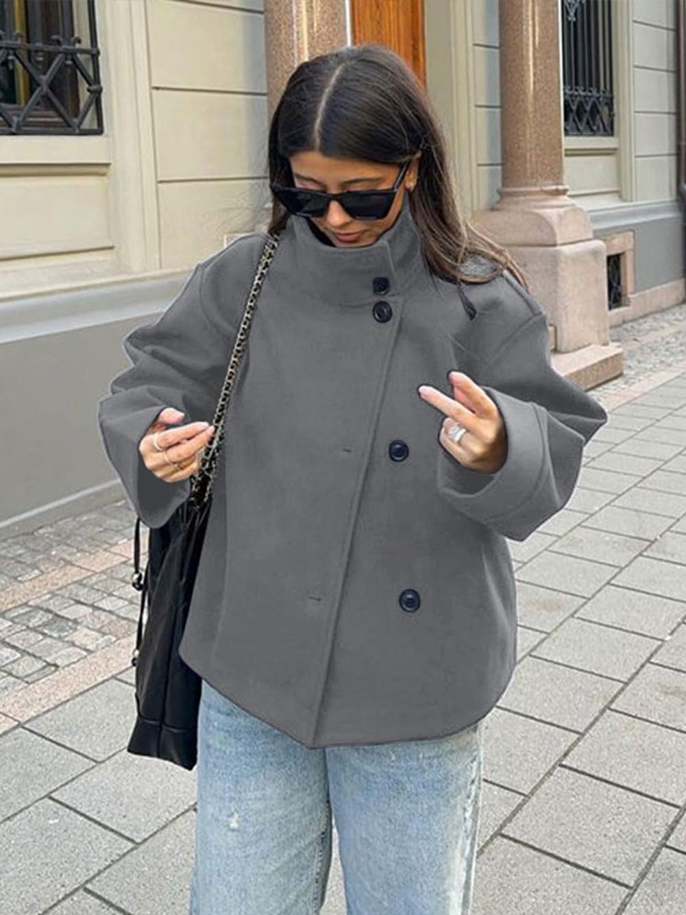 CHARTOU Women Crop Pea Coat Wool Blend Winter Loose Casual Short Jacket Outwear