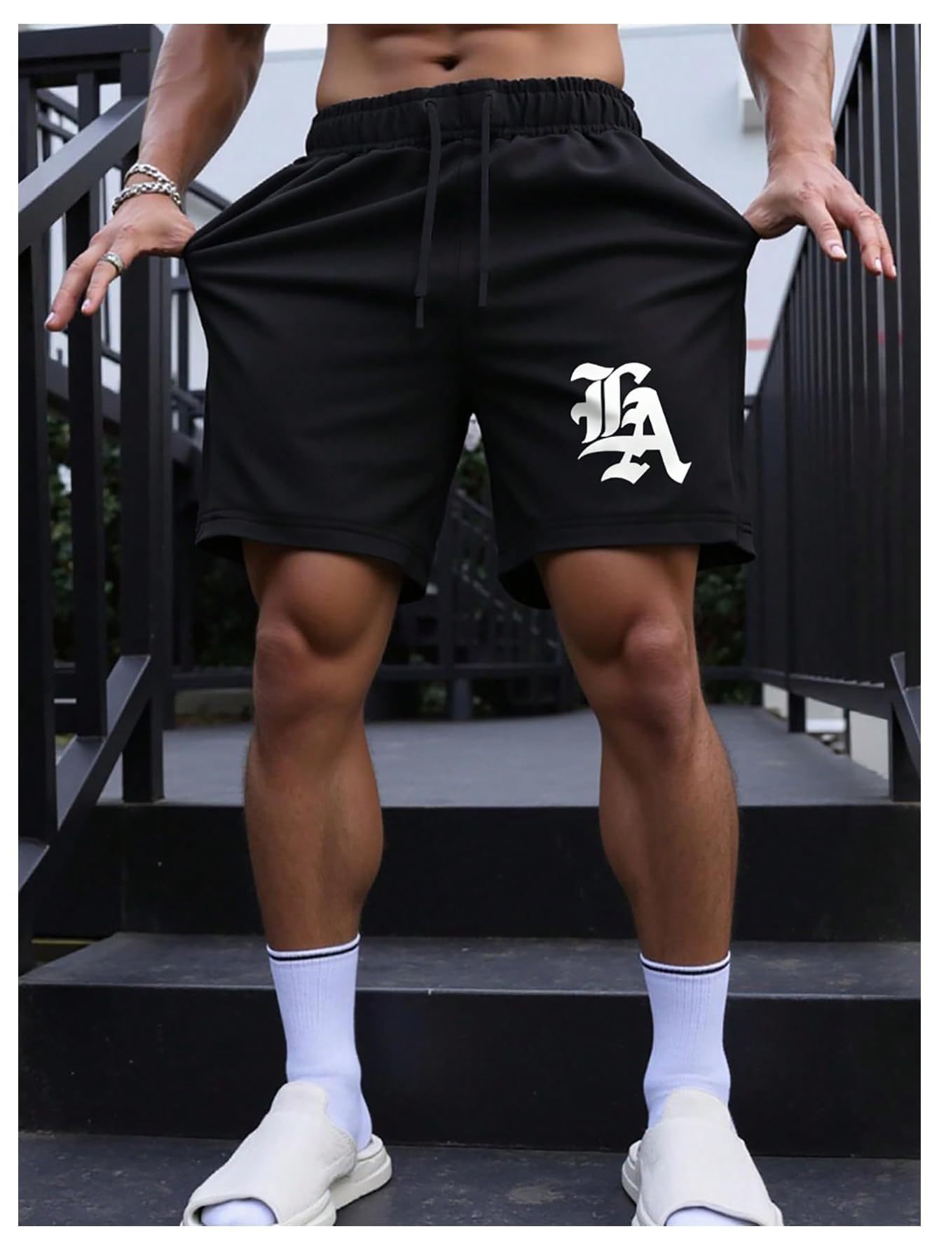 QJQ Men's Letter Graphic Drawstring Waist Shorts Summer Casual Workout Athletic Gym Track Shorts Streetwear