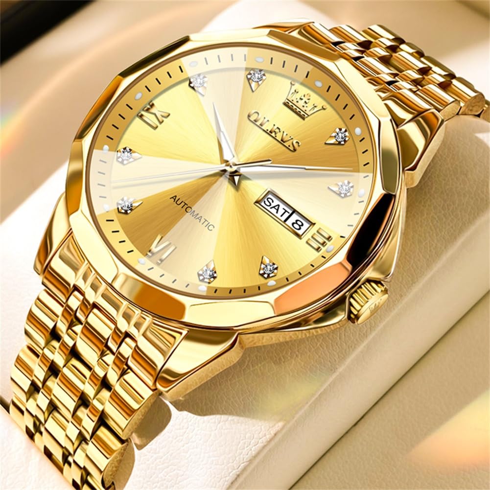 OLEVS Skeleton Men Watches Automatic Business Luxury Diamond Self Winding Watch for Men Stainless Steel Calendar Wrist Watch