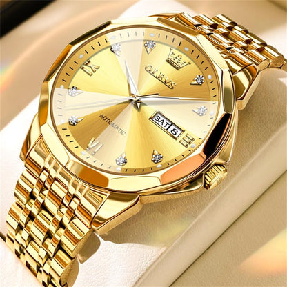 OLEVS Skeleton Men Watches Automatic Business Luxury Diamond Self Winding Watch for Men Stainless Steel Calendar Wrist Watch