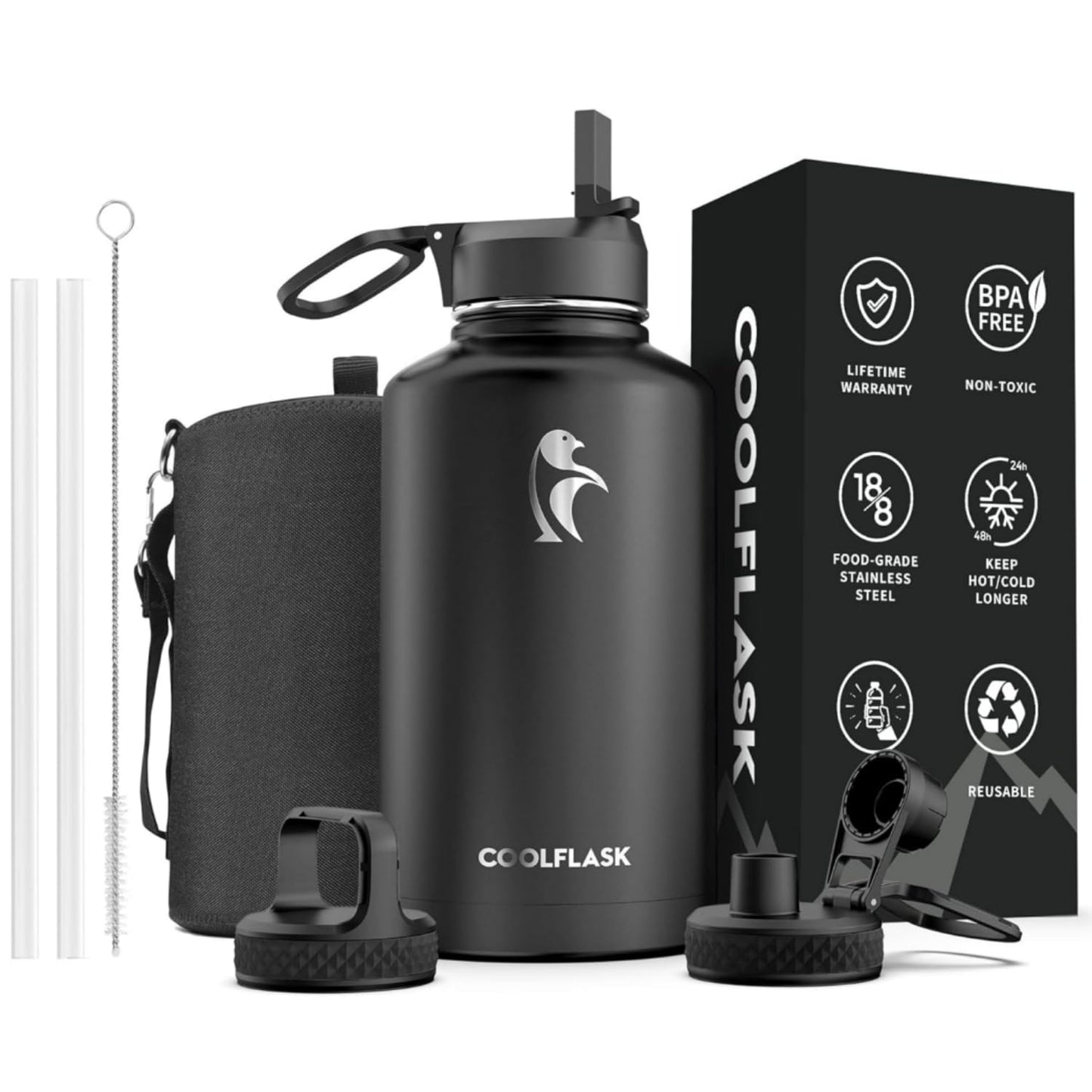 Half Gallon Water Bottle Insulated with Straw & 3 Lids, Coolflask 64 oz Water Jug Large Metal Stainless Steel Wide Mouth for Sports, Gym or Office, Non-BPA Keep Cold 48H Hot 24H, Samurai Cyan