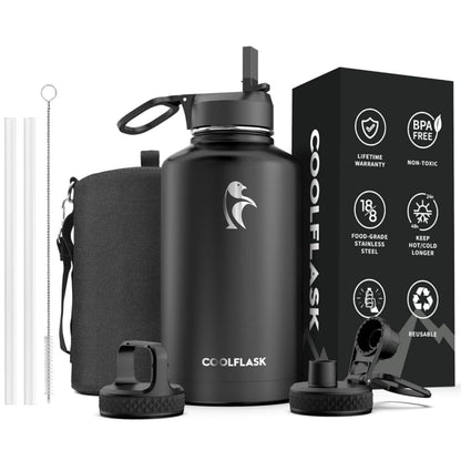 Half Gallon Water Bottle Insulated with Straw & 3 Lids, Coolflask 64 oz Water Jug Large Metal Stainless Steel Wide Mouth for Sports, Gym or Office, Non-BPA Keep Cold 48H Hot 24H, Samurai Cyan