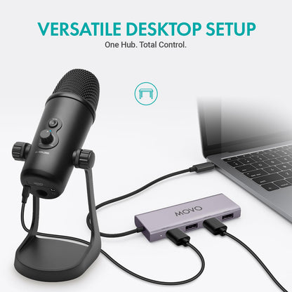 Movo USB Podcast Equipment Bundle for 4 – USB Interface with 4 UM700 Condenser Microphones – 4-Port Powered Hub for Streaming, Podcasting, Interviews (White)