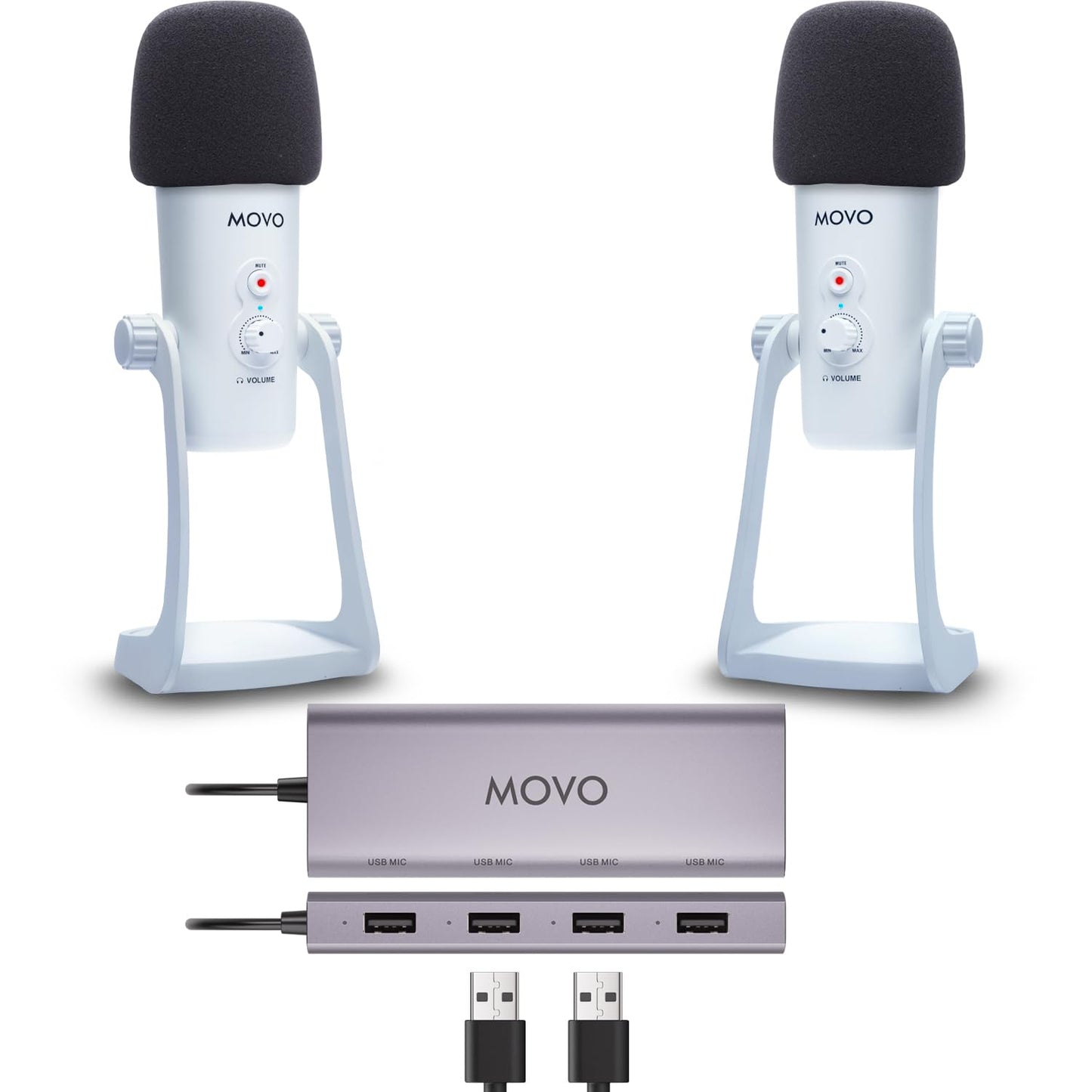 Movo USB Podcast Equipment Bundle for 4 – USB Interface with 4 UM700 Condenser Microphones – 4-Port Powered Hub for Streaming, Podcasting, Interviews (White)