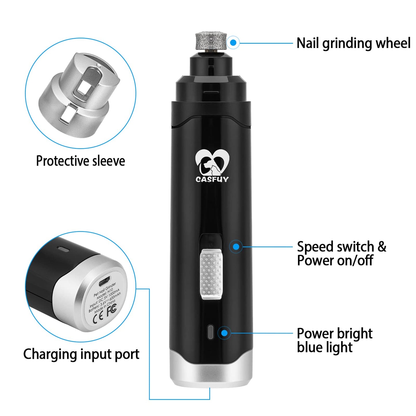 Casfuy Dog Nail Grinder Upgraded - Professional 2-Speed Whisper-Quiet Electric Pet Nail Trimmer Painless Paws Grooming & Smoothing for Small Medium Large Dogs & Cats (Dark Blue)