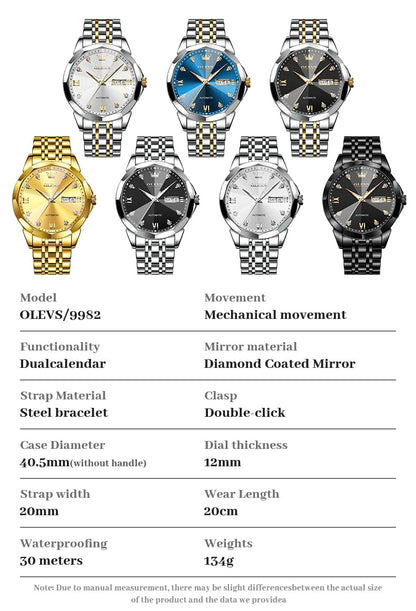 OLEVS Skeleton Men Watches Automatic Business Luxury Diamond Self Winding Watch for Men Stainless Steel Calendar Wrist Watch