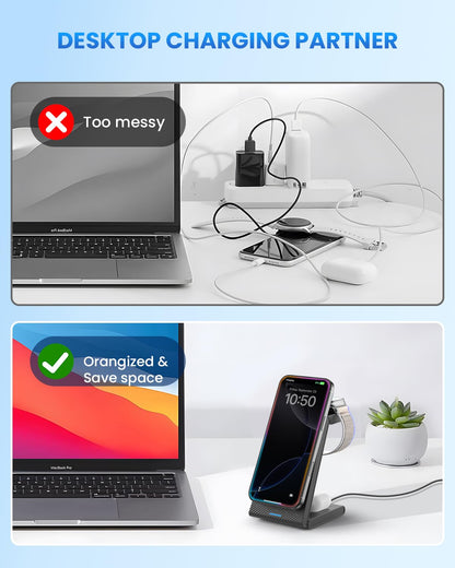 JoyGeek 3 in 1 Charging Station for Apple Devices, Wireless Charger Stand for iPhone 17/16/15/14/13/12/11/SE/X Pro Max Plus - Apple Watch 11/10/9/Ultra 2/8/SE/7/6/5 - AirPods Pro 2/3/2
