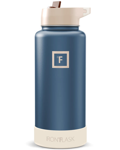 IRON °FLASK Camping & Hiking Hydration Flask with Straw, Wide Mouth Insulated Stainless Steel Sports Water Bottle - Midnight Black 24 oz - Straw (1 Lid)