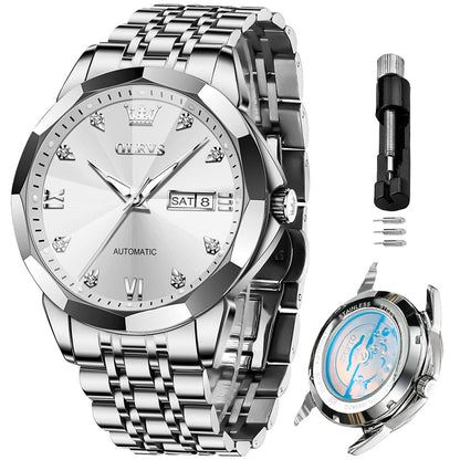 OLEVS Skeleton Men Watches Automatic Business Luxury Diamond Self Winding Watch for Men Stainless Steel Calendar Wrist Watch