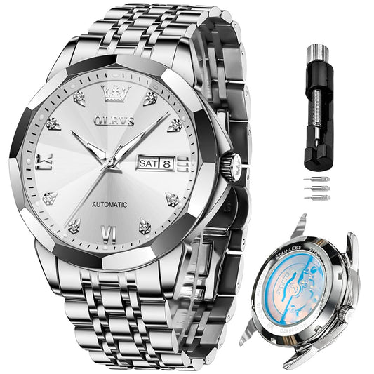 OLEVS Skeleton Men Watches Automatic Business Luxury Diamond Self Winding Watch for Men Stainless Steel Calendar Wrist Watch