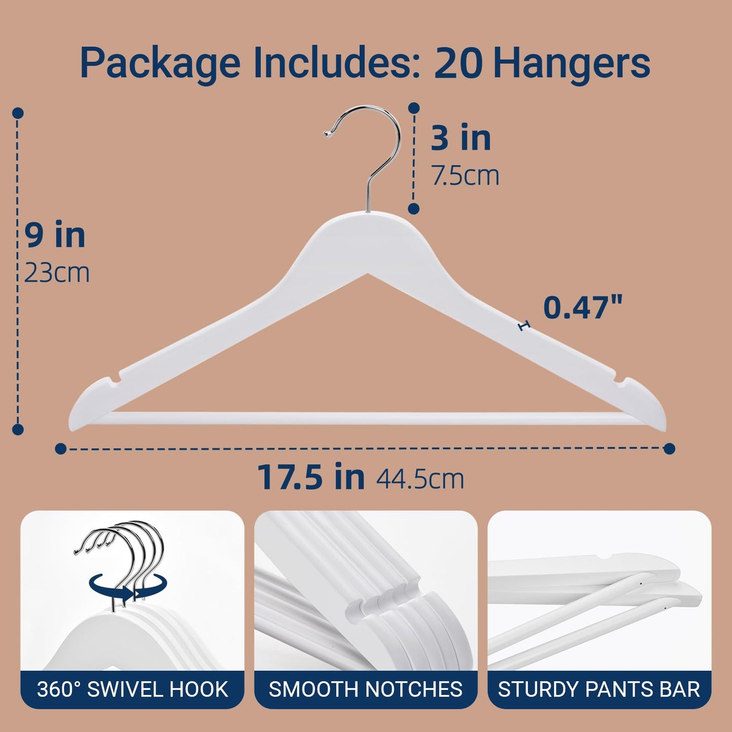 Amber Home 30 Pack Wooden Coat Hangers, Natural Wood Suit Hangers with Non-Slip Pant Bar, Clothes Hangers for Closet Organization, Shirts, Jackets, Dresses, and Pants (Natural, 30)