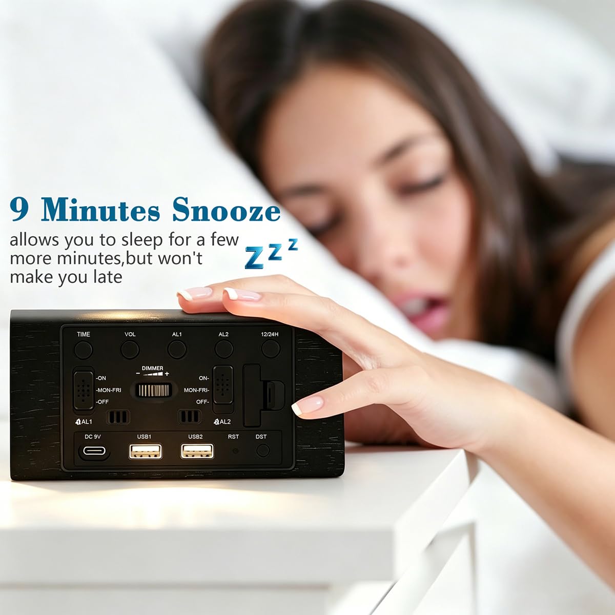 Kogonee Wooden Digital Alarm Clock, 0-100% Dimmer, 2 Alarm Settings, Weekday/Everyday Mode, 9 Mins Snooze, 12/24H, Temperature and Date Display for Office, Travel, Bedroom Alarm Clock (Brown)
