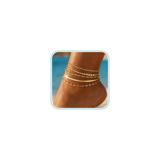 iF YOU Gold Ankle Bracelets for Women, 14k Gold Plated Waterproof Cuban Link Chain Anklets Set, Layered Anklet Bracelets for Women Beach Gift Adjustable Size 5pcs