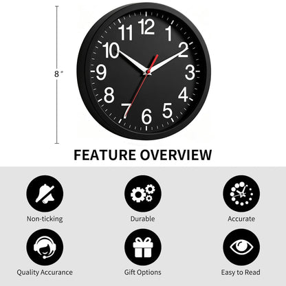Rohioue Wall Clock Modern 8 Inch Battery Operated Silent Non Ticking Small Analog Clock for Living Room Office Home Bedroom Kitchen Bathroom(Black)