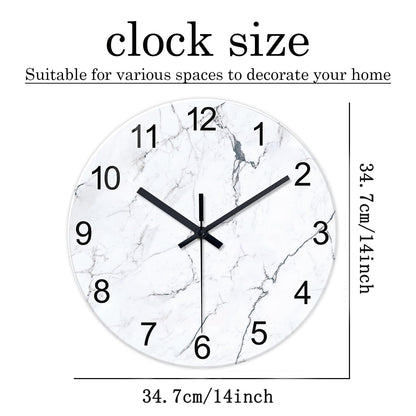 White Marble Glass Wall Clocks Battery Operated 12 Inch Abstract Decorative Analog Wall Clocks for Living Room Bedroom Office Silent Wall Clock Modern