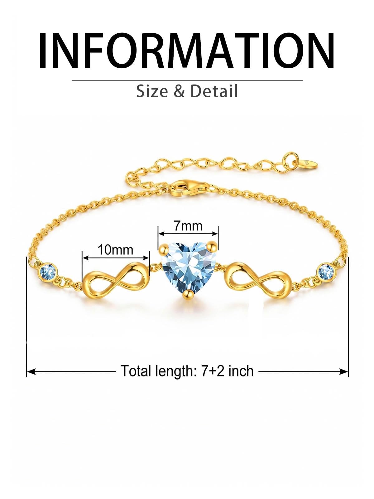 14K Gold Infinity Birthstone Bracelets for Women, Infinity Love Heart Birthstone Link Bracelets for Women, 14K Gold Plated Jewelry Birthday Gifts for Wife Girlfriend Mom, 7+2 Inch