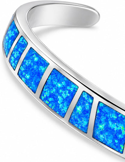 Blue Fire Opal Cuff Bracelet for Women – Turquoise & Lapis Style Silver Bangle, Adjustable Boho Southwestern Jewelry Gift