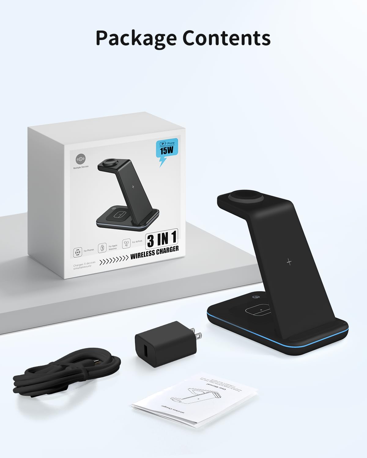 JoyGeek 3 in 1 Charging Station for Apple Devices, Wireless Charger Stand for iPhone 17/16/15/14/13/12/11/SE/X Pro Max Plus - Apple Watch 11/10/9/Ultra 2/8/SE/7/6/5 - AirPods Pro 2/3/2