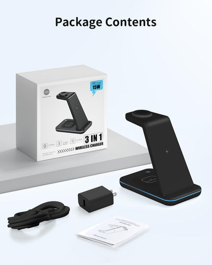 JoyGeek 3 in 1 Charging Station for Apple Devices, Wireless Charger Stand for iPhone 17/16/15/14/13/12/11/SE/X Pro Max Plus - Apple Watch 11/10/9/Ultra 2/8/SE/7/6/5 - AirPods Pro 2/3/2