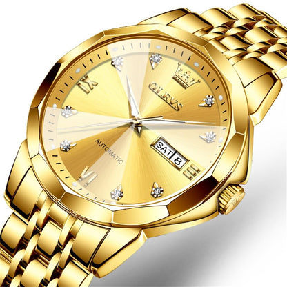 OLEVS Skeleton Men Watches Automatic Business Luxury Diamond Self Winding Watch for Men Stainless Steel Calendar Wrist Watch