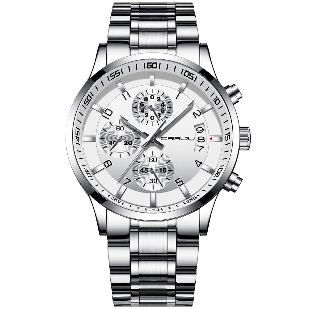 CRRJU Men's Fashion Stainless Steel Watches Date Waterproof Chronograph Wristwatches,Black Steel Band Waterproof Quartz Watch for Men